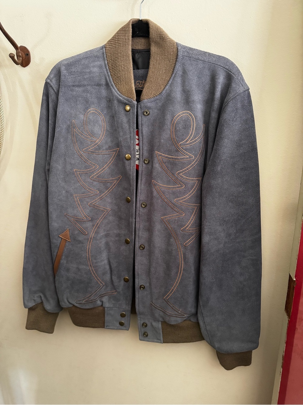 Women’s Blue Gray Suede Leather Bomber Jacket with Contrast Stitching NWT